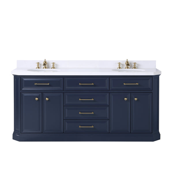 PALACE 72W x 34.2H Monarch Blue Double-Sink Vanity with White Quartz Countertop + Faucets (Waterfall Faucets)