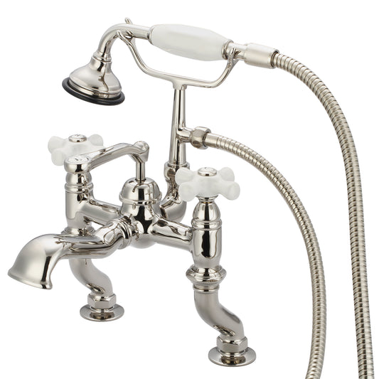 Vintage Classic Adjustable Center Deck Mount Tub Faucet With Handheld Shower in Polished Nickel Finish, With Porcelain Cross Handles, Hot And Cold Labels Included