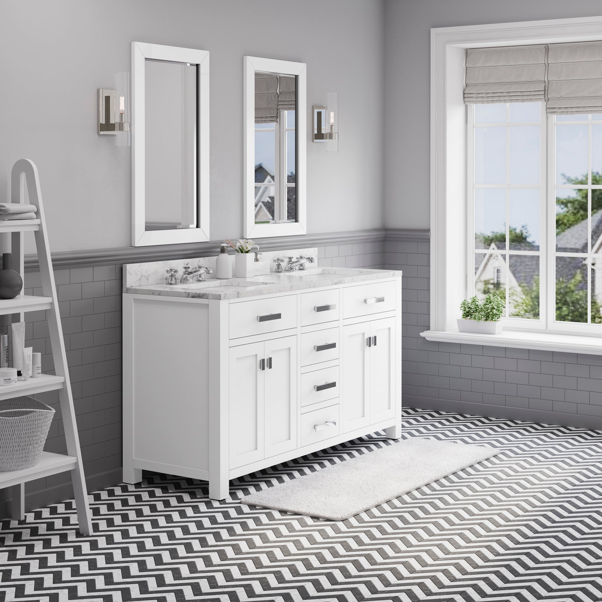 MADISON 60"W x 34"H Pure White Double-Sink Vanity + Faucets & Mirrors