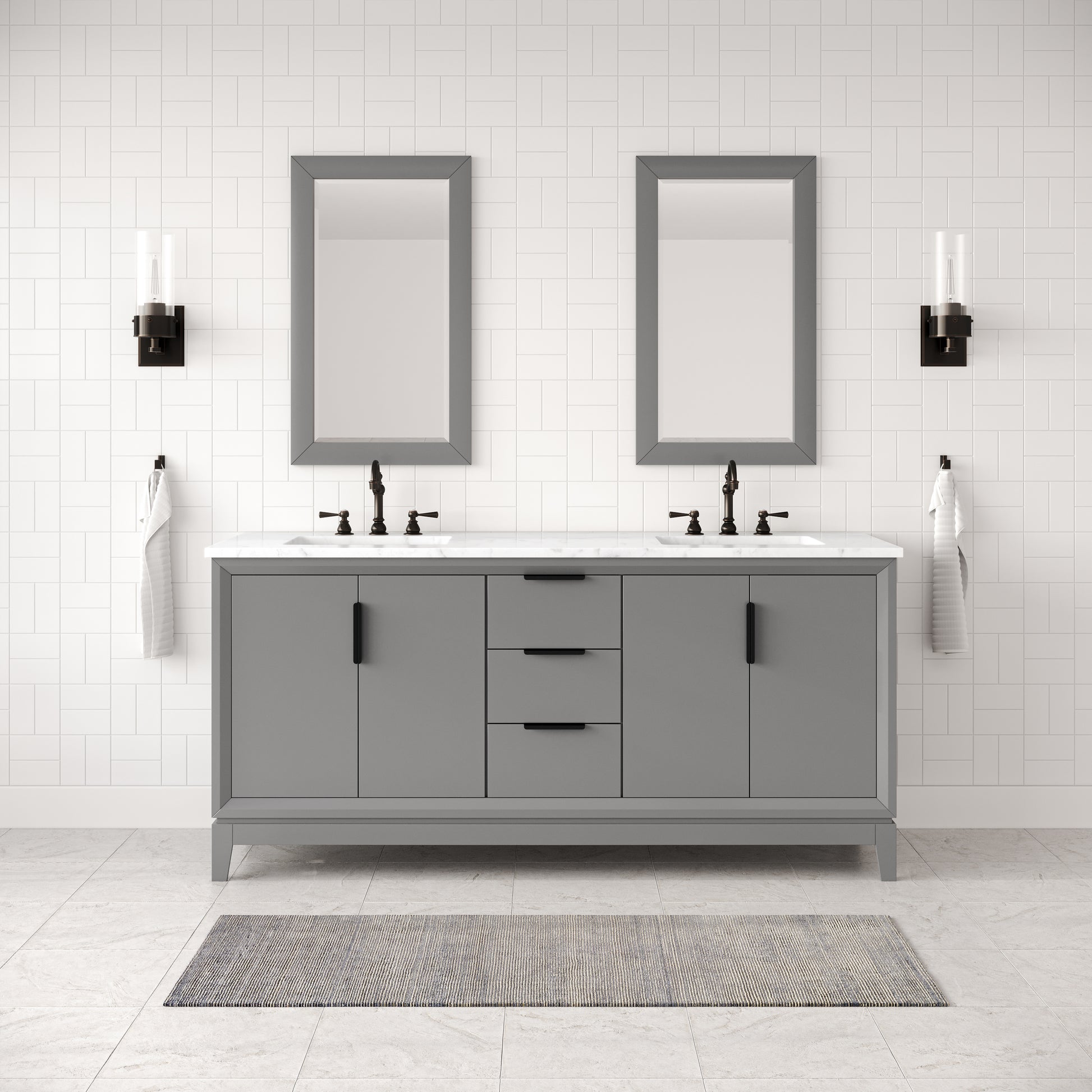 ELIZABETH 72"W x 34.25"H Cashmere Gray Double-Sink Vanity with Carrara White Marble Countertop + Mirror