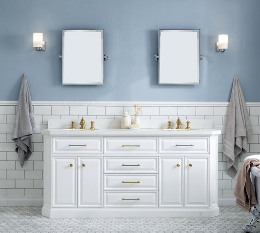 PALACE 72"W x 34"H Pure White Vanity with Carrara Quartz Countertop + Mirrors, Satin Gold Finish Hardware & Chrome Finish Mirror (A)