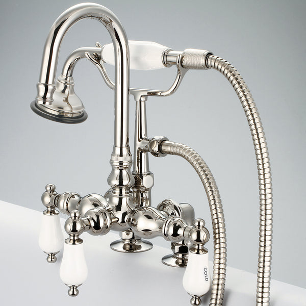 Vintage Classic 3.375 Center Deck Mount Tub Faucet With Gooseneck Spout, 2 Risers & Handheld Shower in Polished Nickel Finish, With Porcelain Lever Handles, Hot And Cold Labels Included