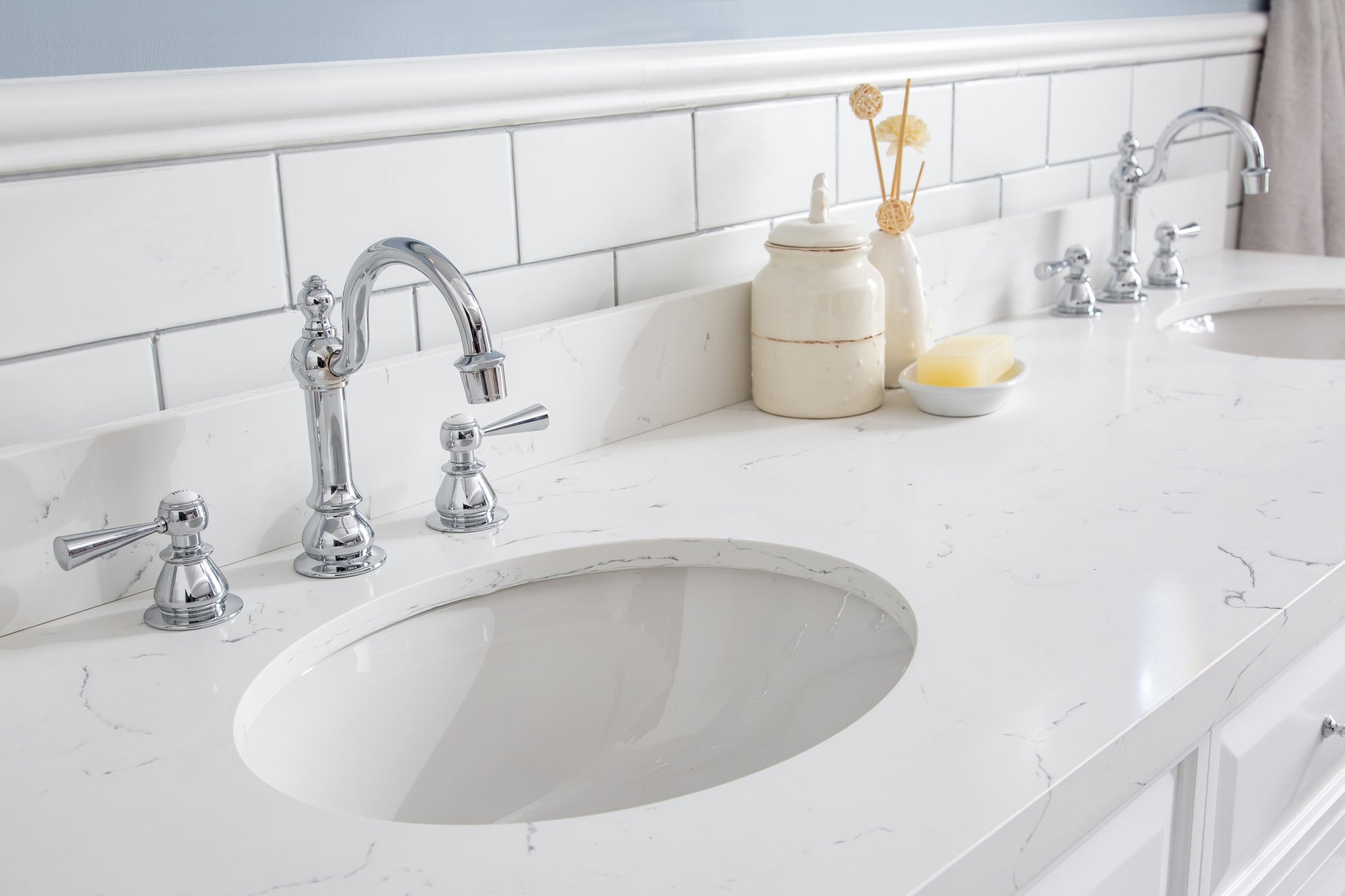 PALACE 72"W x 34"H Pure White Vanity with Carrara Quartz Countertop + Faucets & Mirror (F2-0012), Chrome Finish Hardware & Mirror