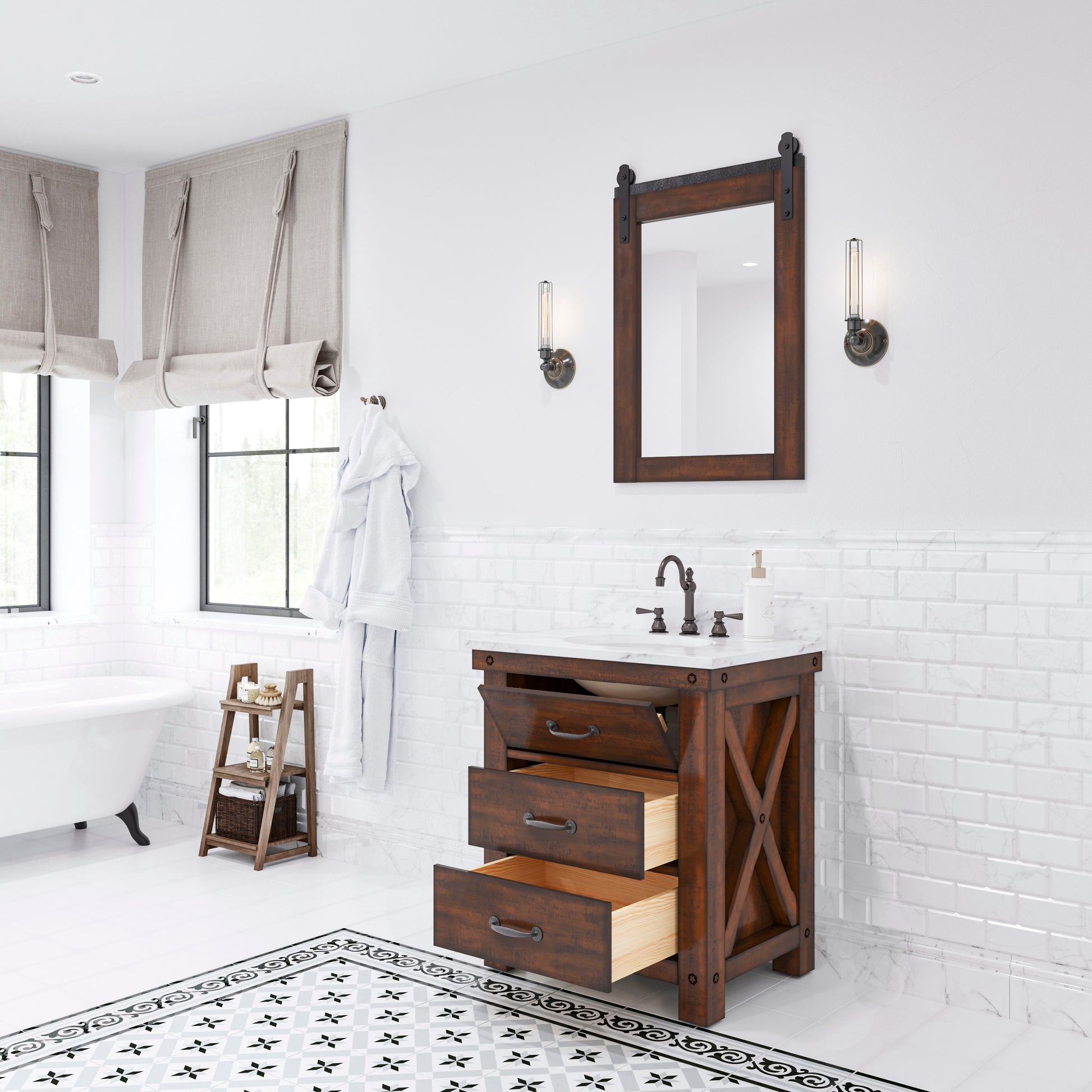 ABERDEEN 30"W x 34"H Sierra Rustic Single-Sink Vanity with Carrara White Marble Countertop + Mirror