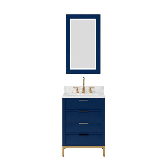 BRISTOL 24"W x 34"H Monarch Blue Single-Sink Vanity with Carrara White Marble Countertop + Rectangular Mirror (S)