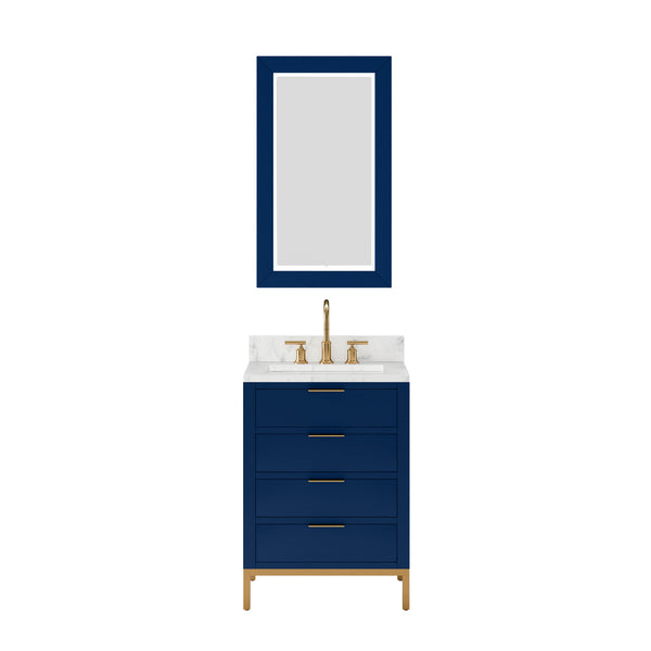 BRISTOL 24W x 34H Monarch Blue Single-Sink Vanity with Carrara White Marble Countertop + Rectangular Mirror (S)