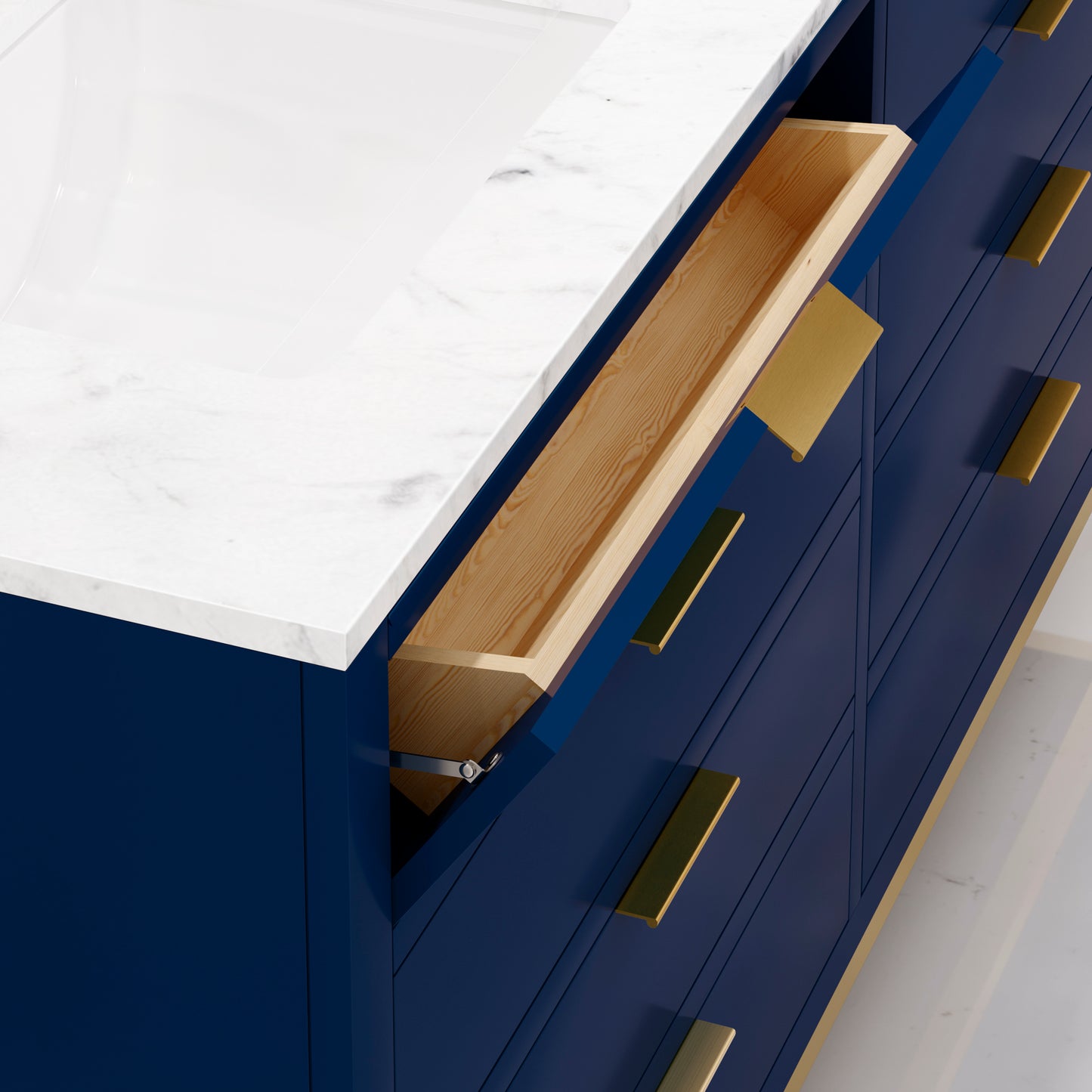 BRISTOL 60"W x 34"H Monarch Blue Double-Sink Vanity with Carrara White Marble Countertop + Satin Gold Hook Faucets