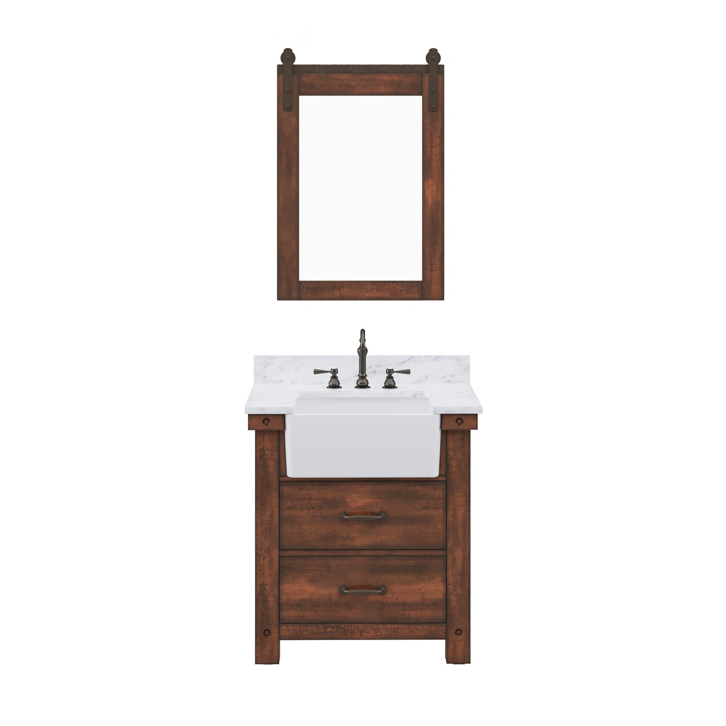 PAISLEY 31"W x 33"H Sierra Rustic Single-Sink Vanity with Carrara White Marble Countertop + Hook Faucet and Mirror