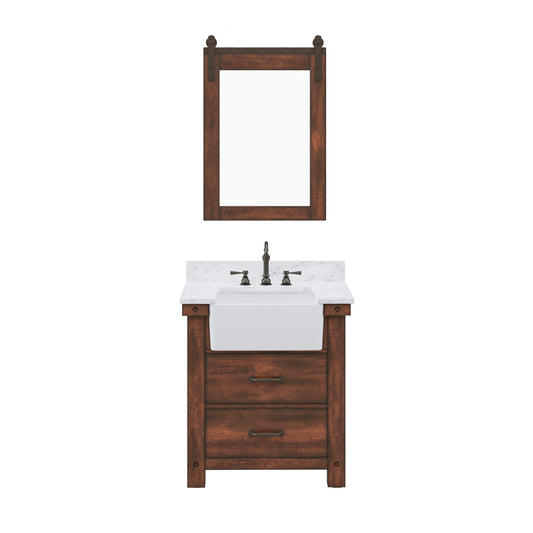 PAISLEY 31"W x 33"H Sierra Rustic Single-Sink Vanity with Carrara White Marble Countertop + Hook Faucet and Mirror