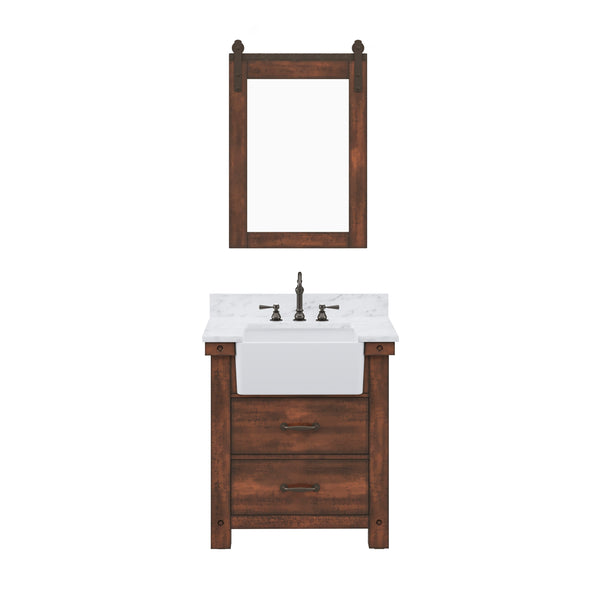 PAISLEY 31W x 33H Sierra Rustic Single-Sink Vanity with Carrara White Marble Countertop + Hook Faucet and Mirror