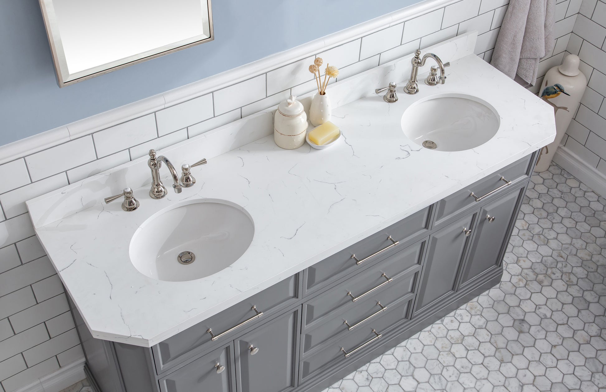 PALACE 72"W x 34"H Cashmere Gray Vanity with Carrara Quartz Countertop + Faucets & Mirror (F2-0012), Polished Nickel Finish Hardware & Mirror