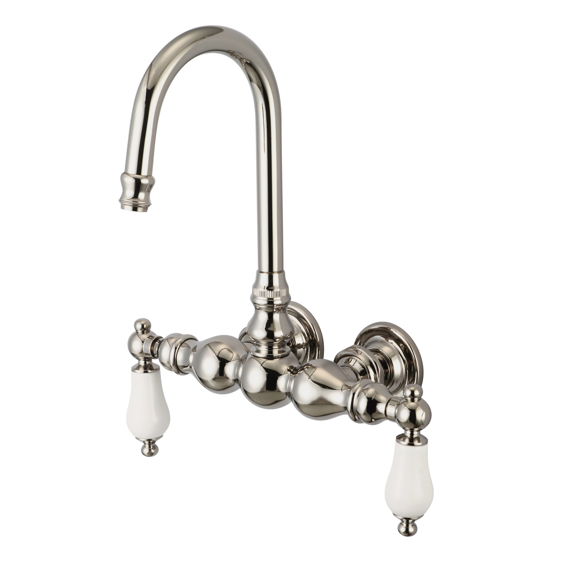 Vintage Classic 3.375" Center Wall Mount Tub Faucet With Gooseneck Spout & Straight Wall Connector in Polished Nickel Finish, With Porcelain Lever Handles Without labels