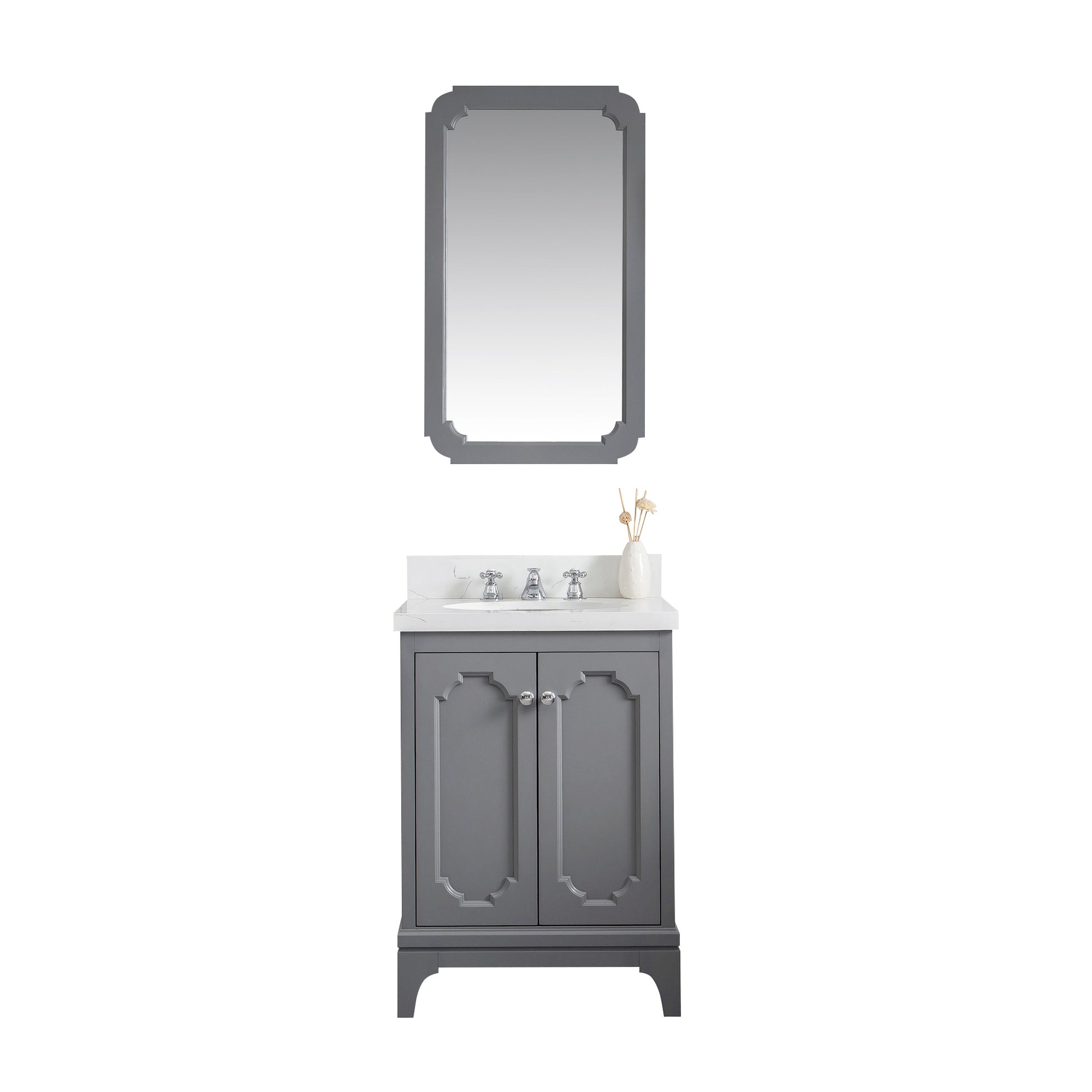 QUEEN 24"W x 34"H Cashmere Gray Single-Sink Vanity with Carrara Quartz Countertop + Mirror