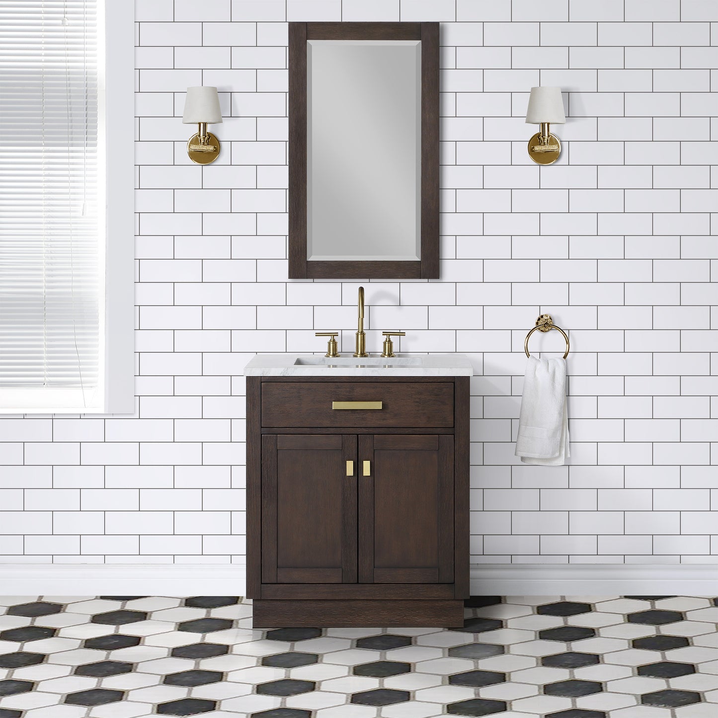 CHESTNUT 30"W x 34.2"H Brown Oak Single-Sink Vanity with Carrara White Marble Countertop + Faucet & Mirror