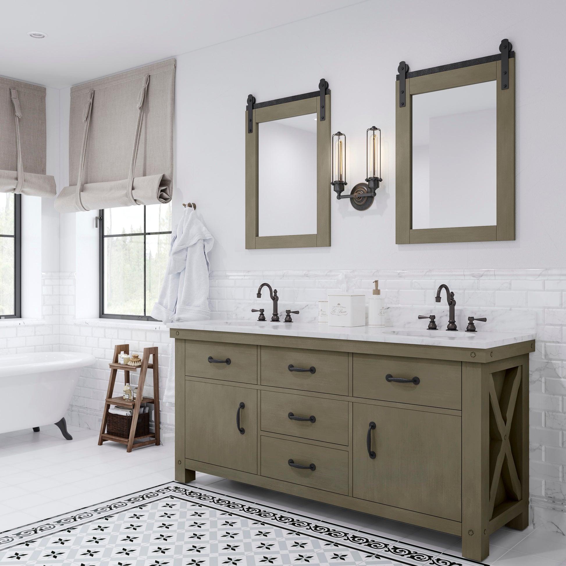 ABERDEEN 72"W x 34"H Grizzle Gray Double-Sink Vanity with Carrara White Marble Countertop + Hook Faucets and Mirrors