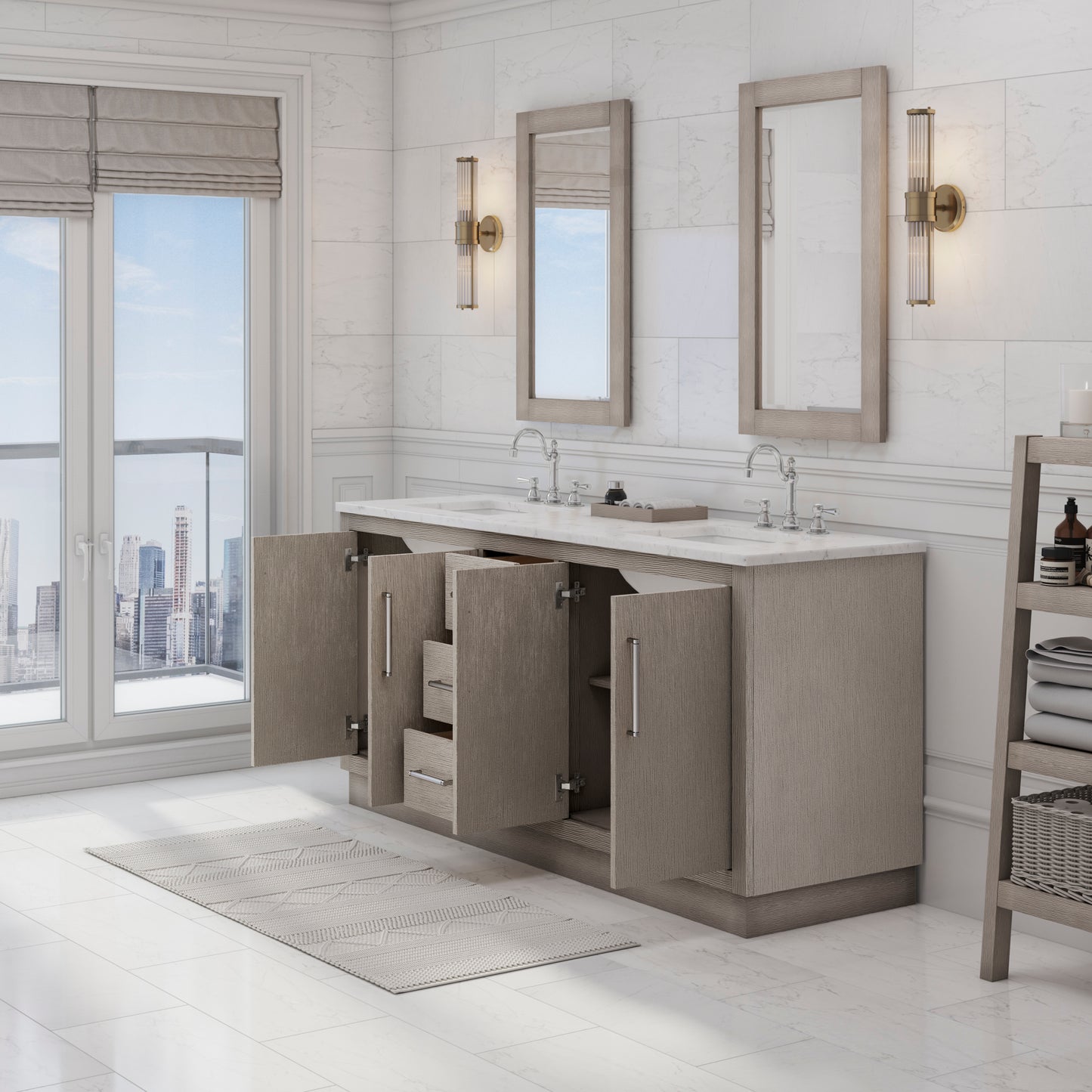 HUGO 72"W x 34.3"H Gray Oak Double-Sink Vanity with Carrara White Marble Countertop + Hook Faucets and Mirrors