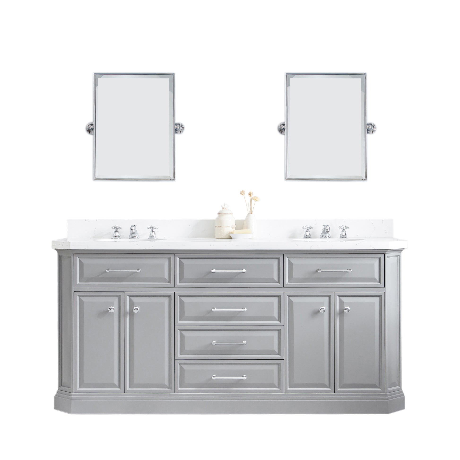 PALACE 72"W x 34"H Cashmere Gray Vanity with Carrara Quartz Countertop + Mirror, Chrome Finish Hardware & Mirror