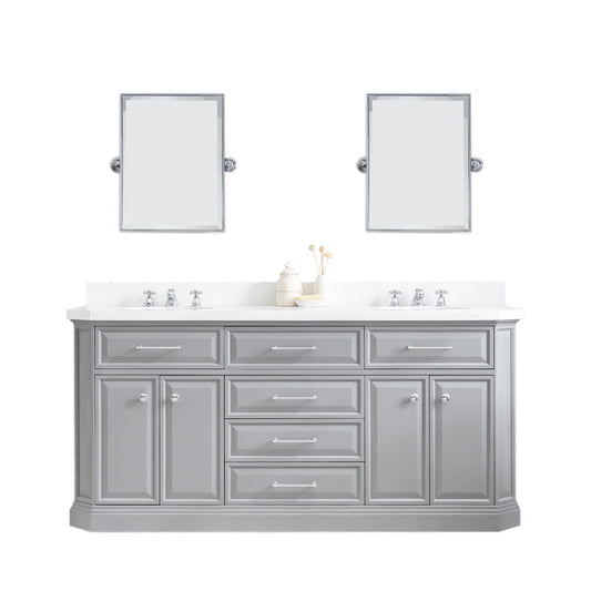 PALACE 72"W x 34"H Cashmere Gray Vanity with Carrara Quartz Countertop + Mirror, Chrome Finish Hardware & Mirror