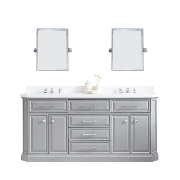 PALACE 72W x 34H Cashmere Gray Vanity with Carrara Quartz Countertop + Mirror, Chrome Finish Hardware & Mirror