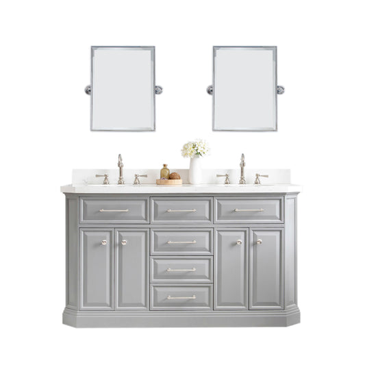 PALACE 60"W x 34"H Cashmere Gray Vanity with Carrara Quartz Countertop + Mirror, Polished Nickel Finish Hardware & Mirror