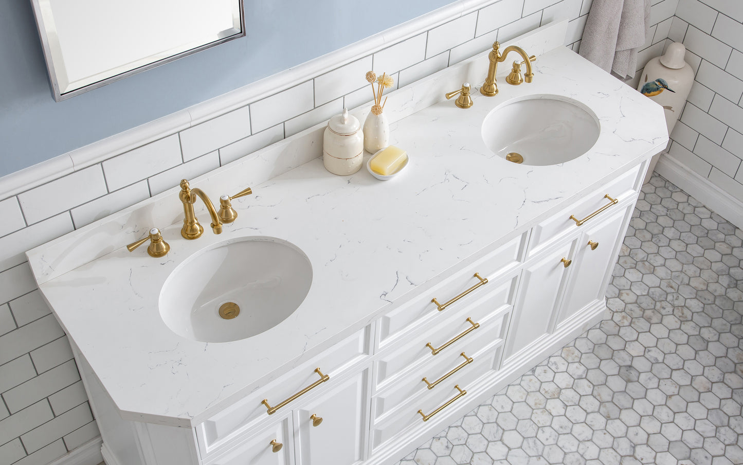 PALACE 72"W x 34"H Pure White Vanity with Carrara Quartz Countertop + Faucets & Mirrors (F2-0012), Satin Gold Finish Hardware & Chrome Finish Mirror (A)