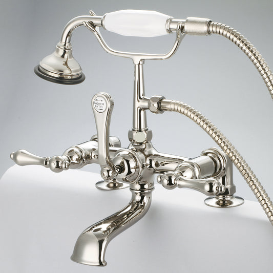 Vintage Classic 7" Spread Deck Mount Tub Faucet With 2" Risers & Handheld Shower in Polished Nickel Finish, With Metal Lever Handles Without Labels