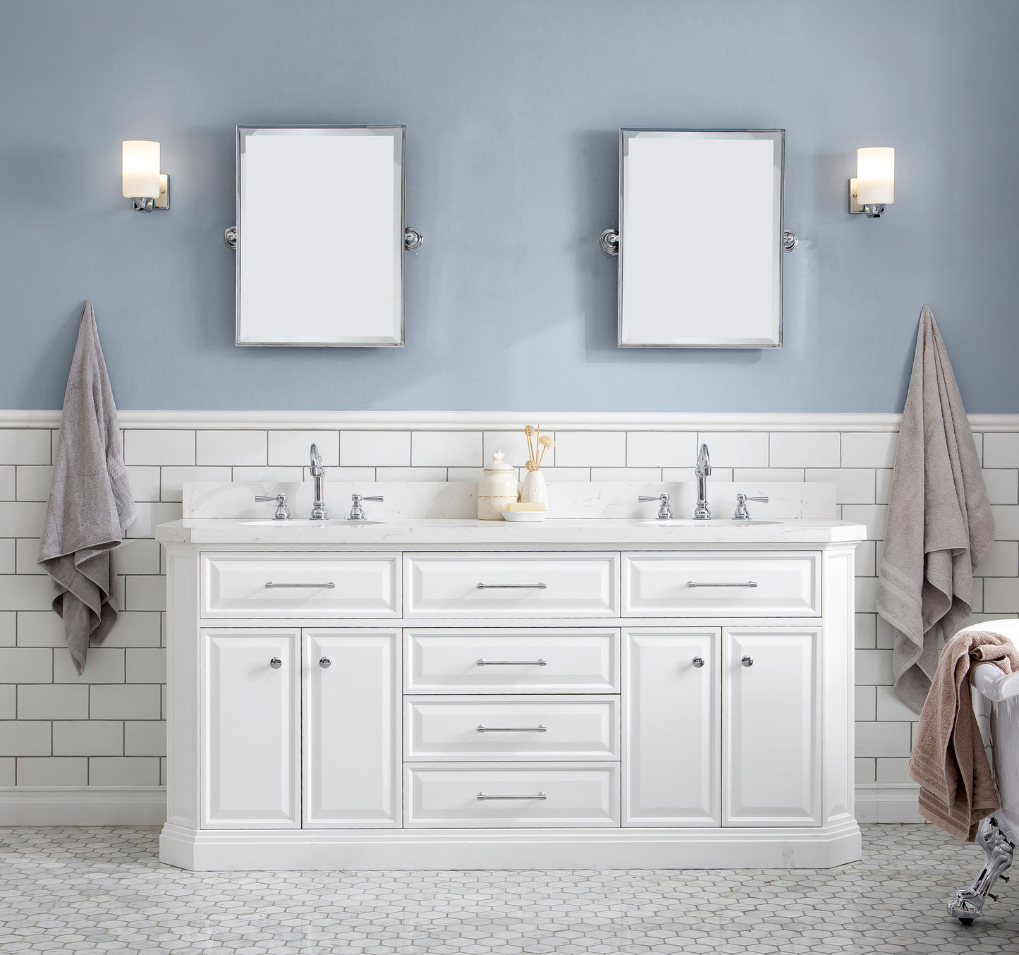 PALACE 72"W x 34"H Pure White Vanity with Carrara Quartz Countertop + Faucets (F2-0012), Chrome Finish Hardware