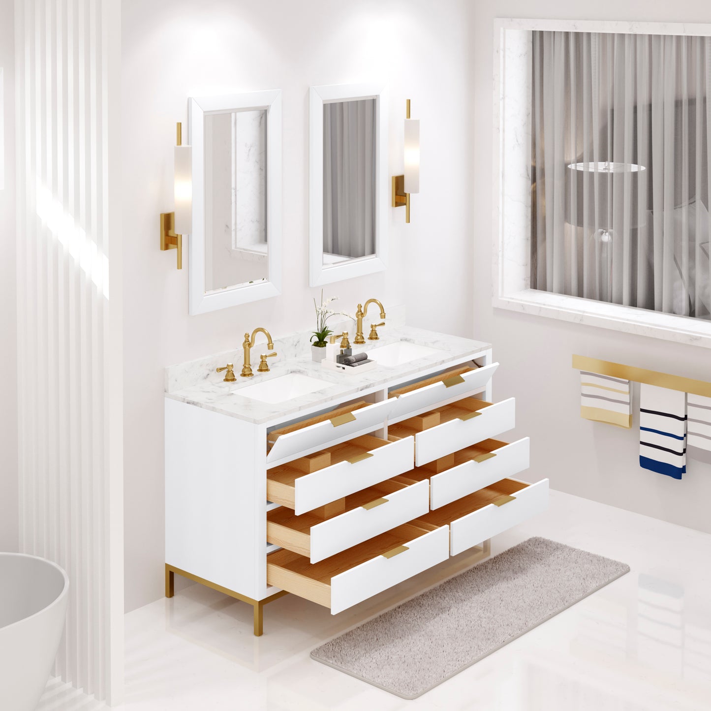 BRISTOL 60"W x 34"H Pure White Double-Sink Vanity with Carrara White Marble Countertop + Satin Gold Hook Faucets and Rectangular Mirrors (S)