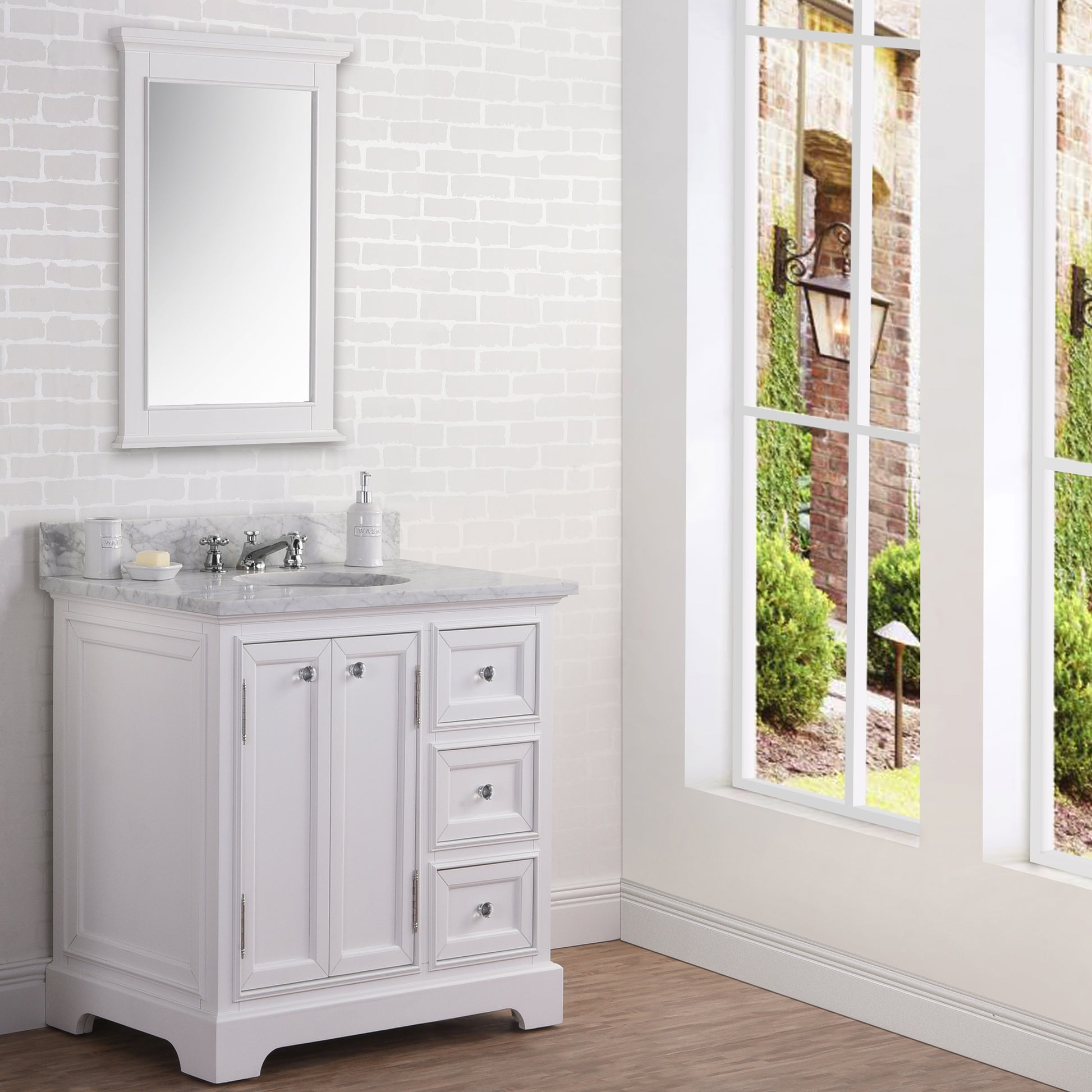 DERBY 36"W x 34"H Pure White Single-Sink Vanity with Carrara White Marble Countertop + Mirror