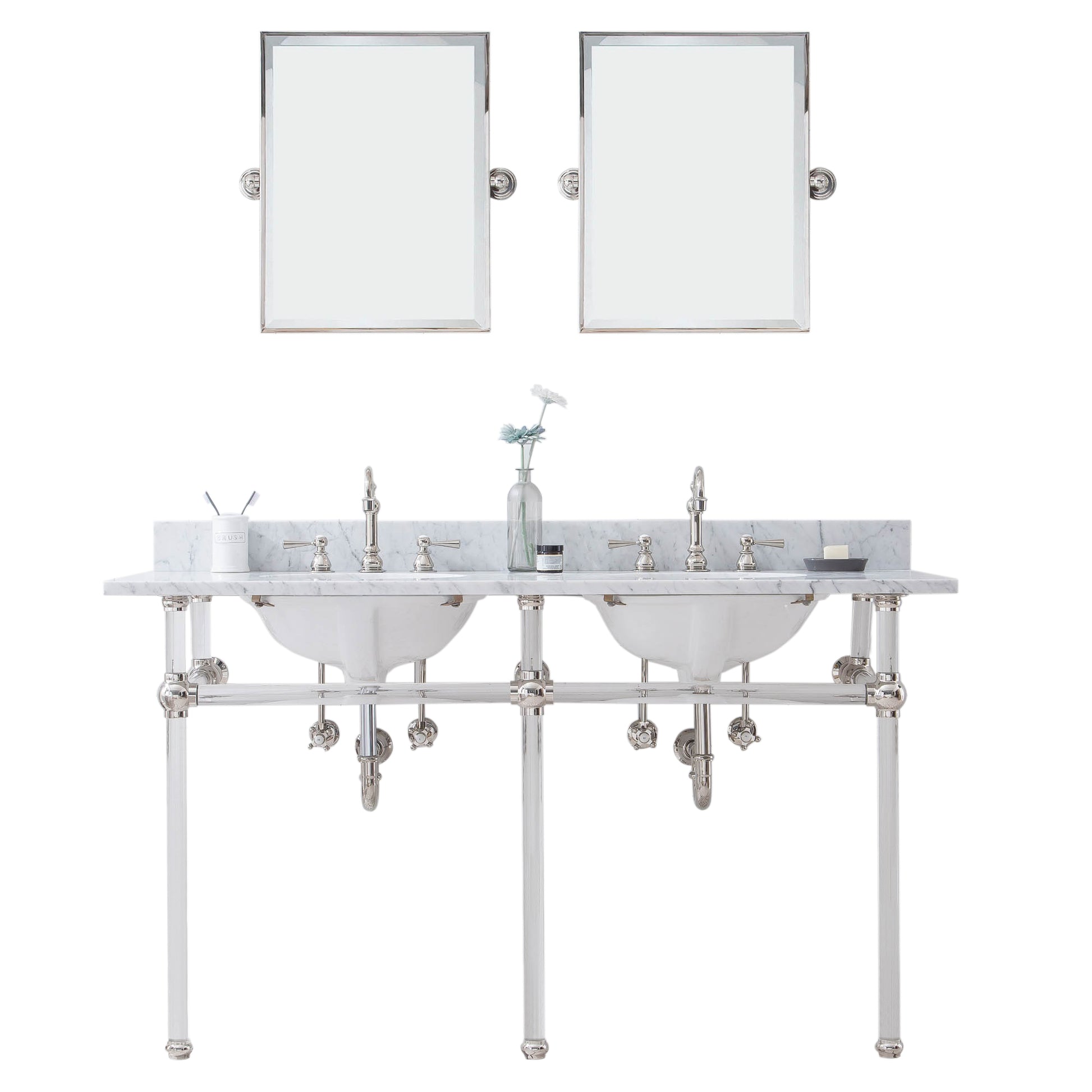 EMPIRE 60"W x 34"H  Double Washstand , P-Trap, Countertop with Sink, F2-0012 Faucet and Mirror included, in Polished Nickel Finish