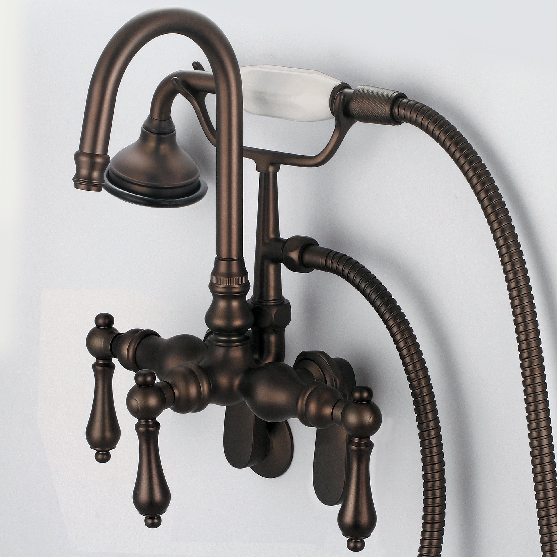 Vintage Classic Adjustable Spread Wall Mount Tub Faucet With Gooseneck Spout, Swivel Wall Connector & Handheld Shower in Oil Rubbed Bronze Finish, With Metal Lever Handles Without Labels