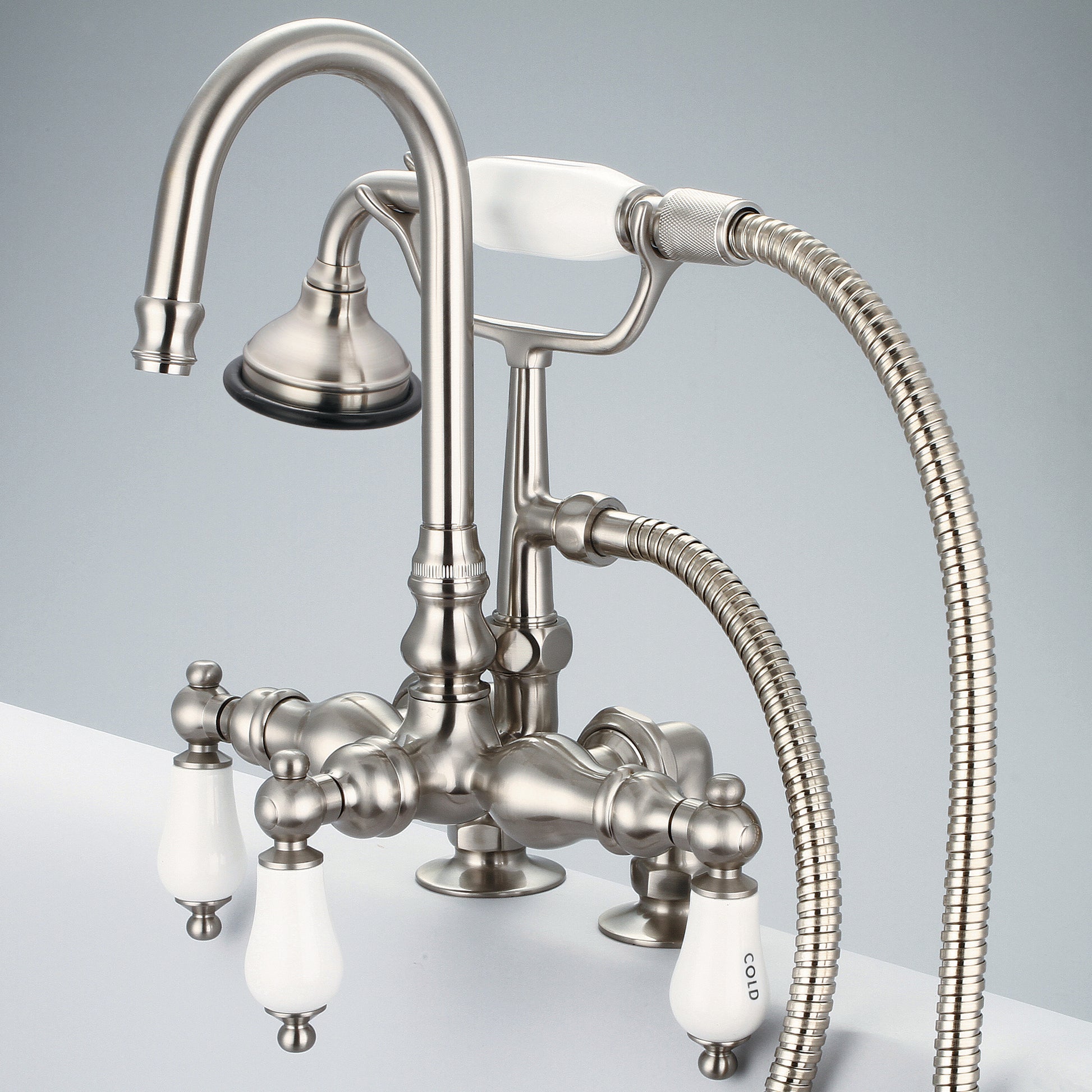 Vintage Classic 3.375" Center Deck Mount Tub Faucet With Gooseneck Spout, 2" Risers & Handheld Shower in Brushed Nickel Finish, With Porcelain Lever Handles, Hot And Cold Labels Included