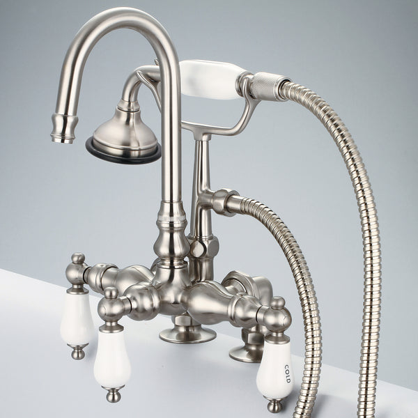 Vintage Classic 3.375 Center Deck Mount Tub Faucet With Gooseneck Spout, 2 Risers & Handheld Shower in Brushed Nickel Finish, With Porcelain Lever Handles, Hot And Cold Labels Included