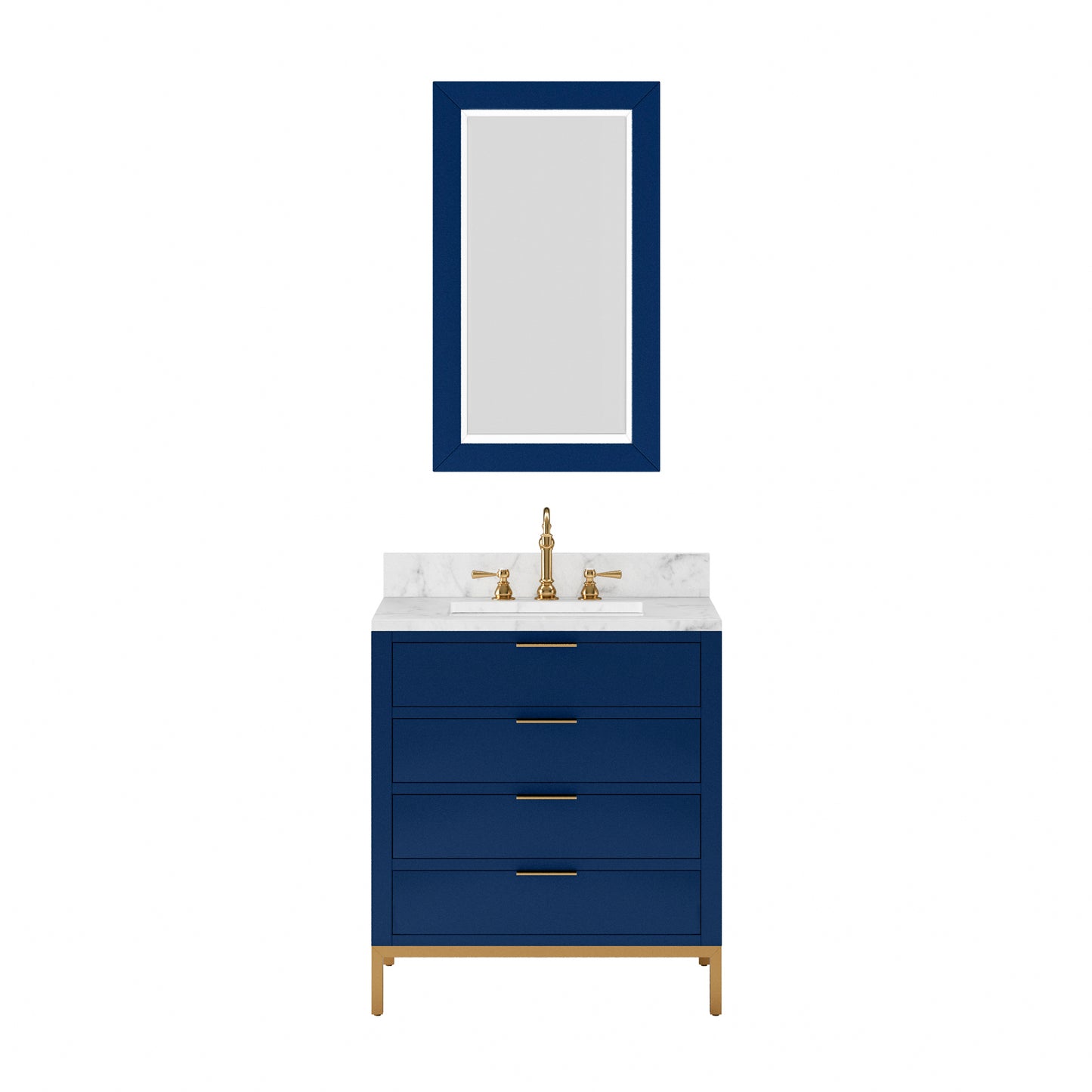 BRISTOL 30"W x 34"H Monarch Blue Single-Sink Vanity with Carrara White Marble Countertop + Satin Gold Hook Faucet and Rectangular Mirror (S)