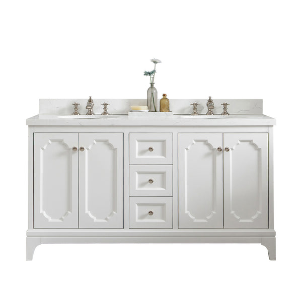 QUEEN 60W x 34H Pure White Double-Sink Vanity with Carrara Quartz Countertop + Faucets (F2-0013)