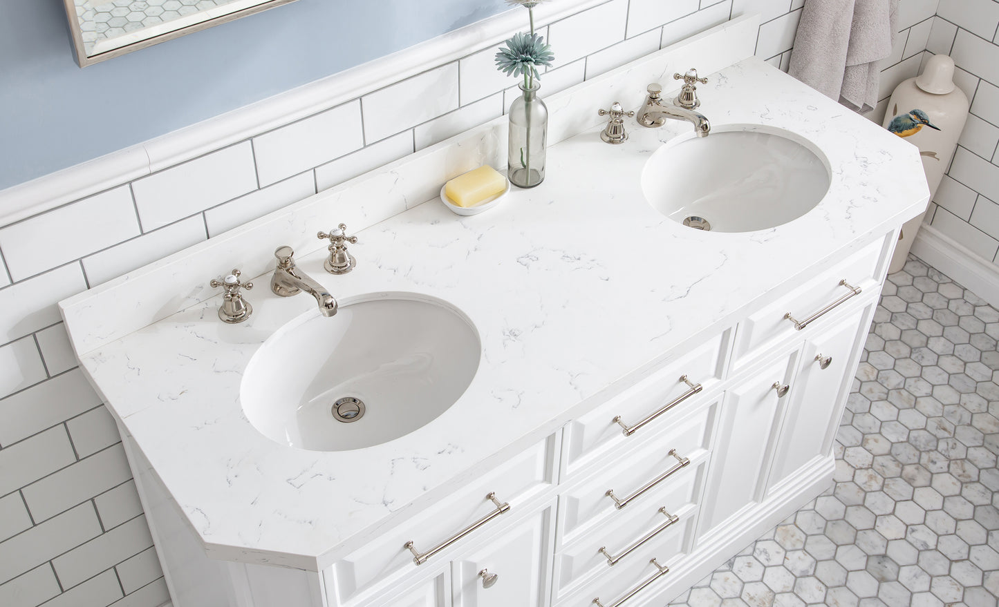 PALACE 60"W x 34"H Pure White Vanity with Carrara Quartz Countertop + Faucets (F2-0009), Polished Nickel Finish Hardware