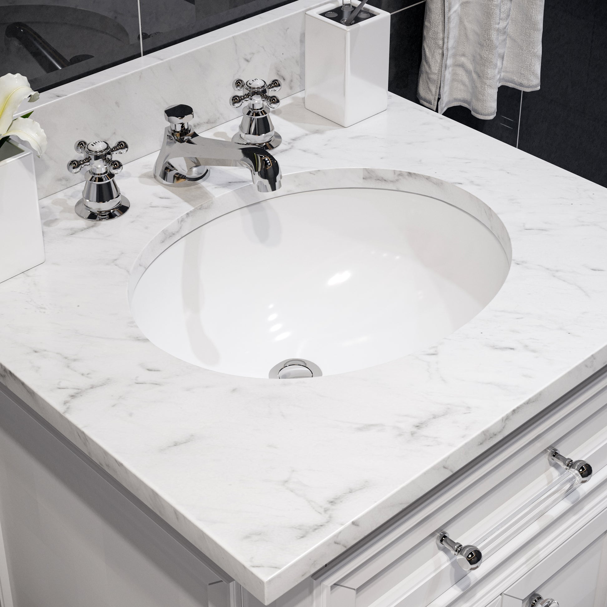 DERBY 24"W x 34"H Pure White Single-Sink Vanity with Carrara White Marble Countertop + Faucet