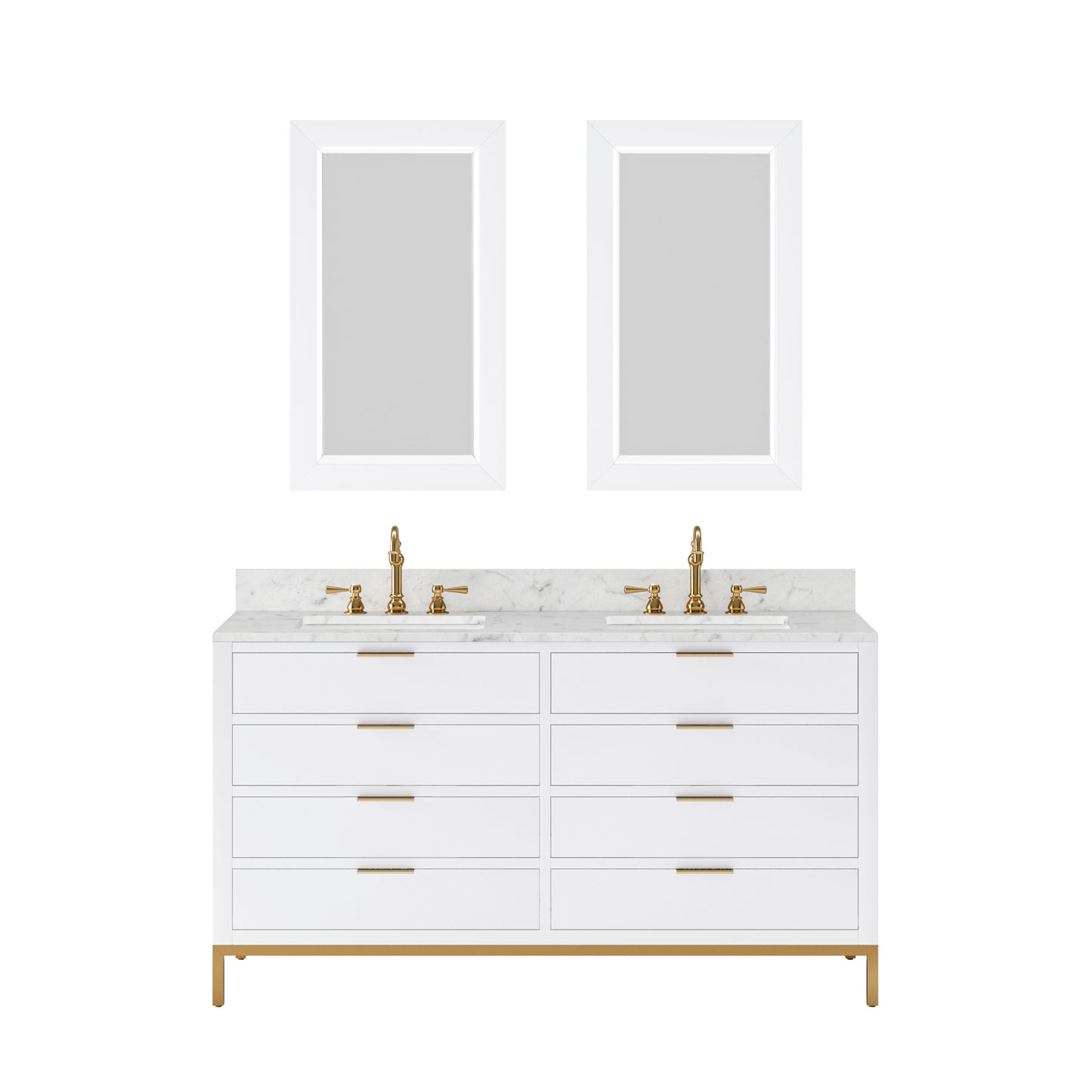 BRISTOL 60"W x 34"H Pure White Double-Sink Vanity with Carrara White Marble Countertop + Rectangular Mirrors (S)