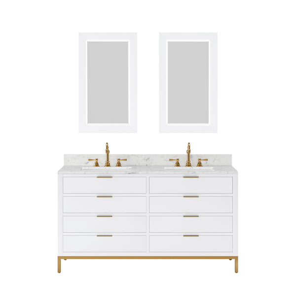 BRISTOL 60W x 34H Pure White Double-Sink Vanity with Carrara White Marble Countertop + Rectangular Mirrors (S)