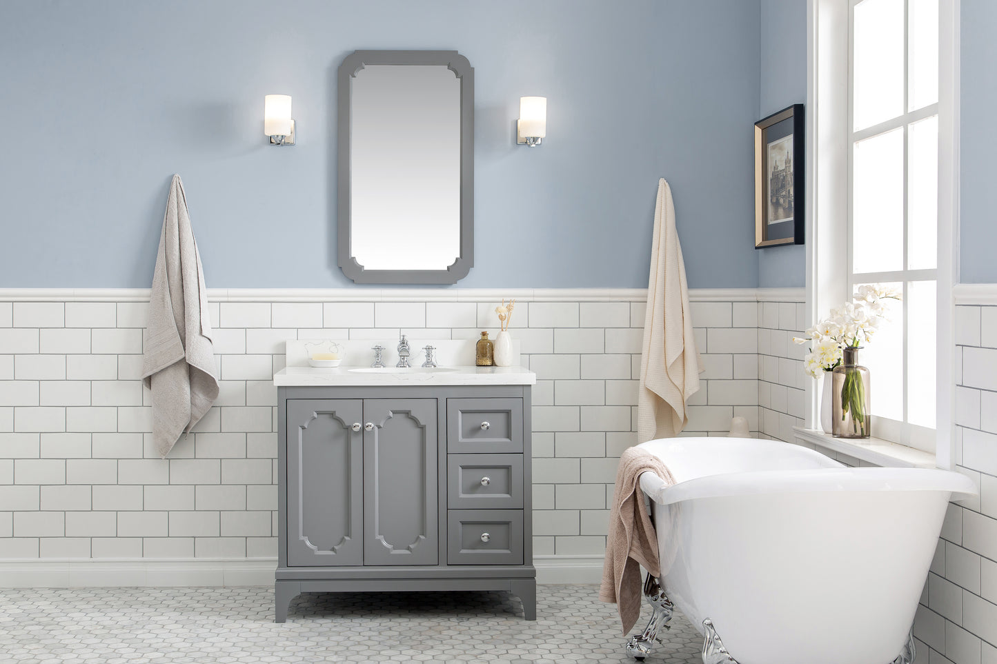 QUEEN 36"W x 34"H Cashmere Gray Single-Sink Vanity with Carrara Quartz Countertop + Faucets & Mirror (F2-0013)