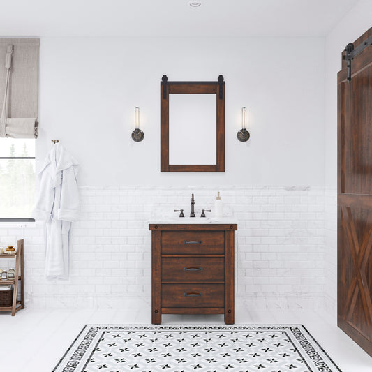 ABERDEEN 30"W x 34"H Sierra Rustic Single-Sink Vanity with Carrara White Marble Countertop + Hook Faucet and Mirror