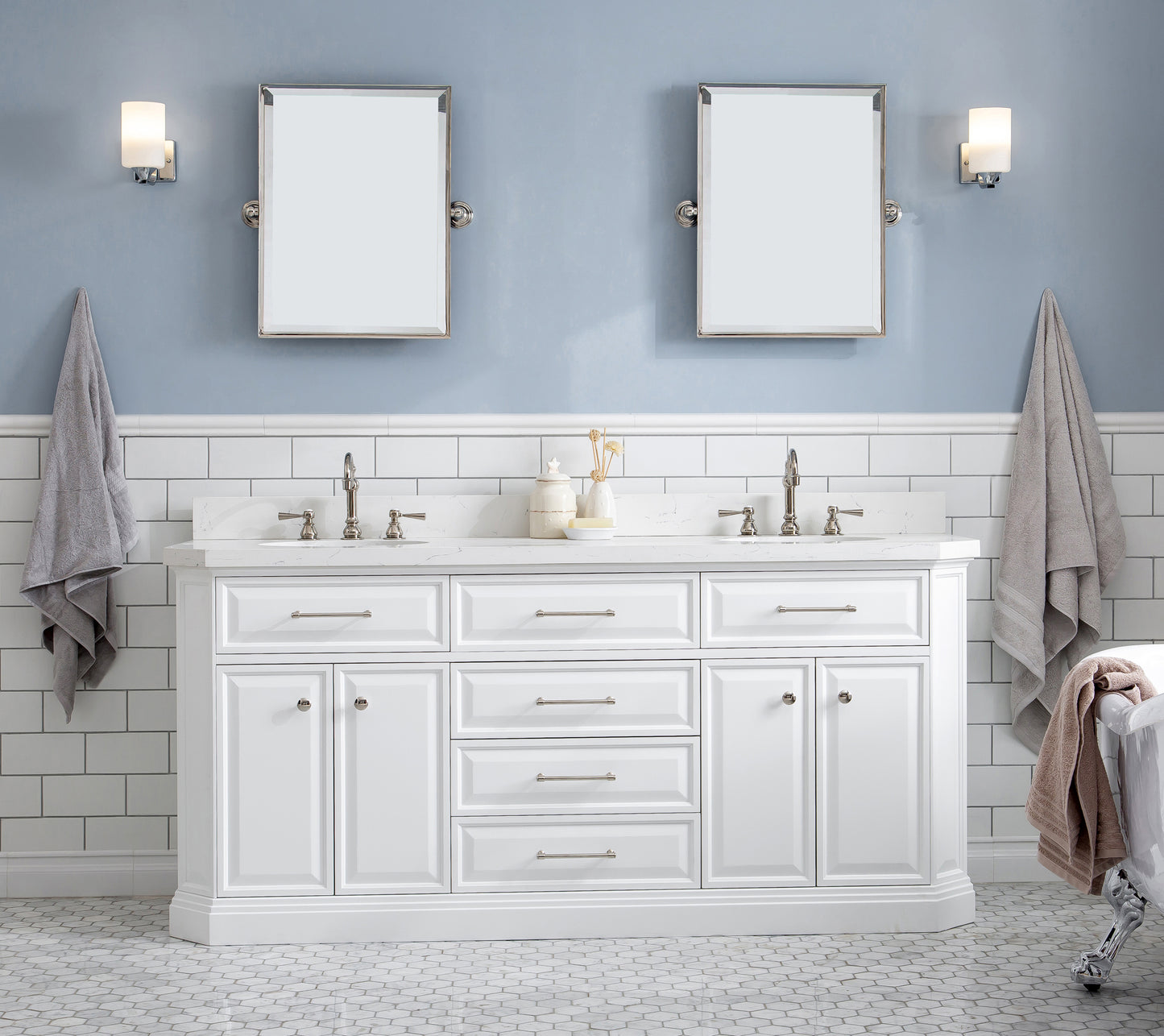 PALACE 72"W x 34"H Pure White Vanity with Carrara Quartz Countertop + Faucets & Mirror (F2-0012), Polished Nickel Finish Hardware & Mirror