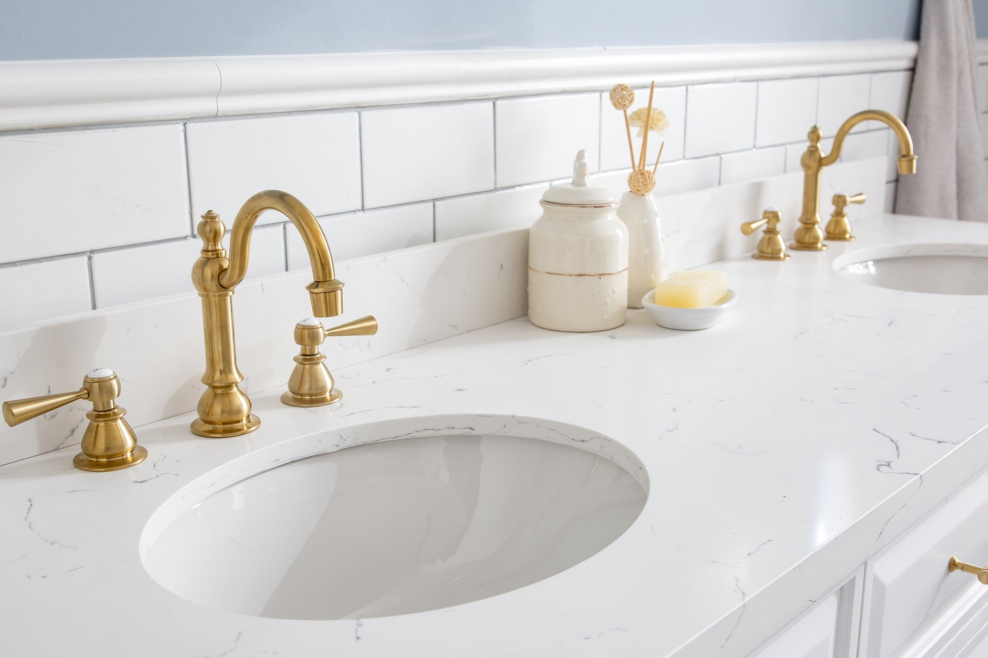 PALACE 72"W x 34"H Pure White Vanity with Carrara Quartz Countertop + Faucets & Mirrors (F2-0012), Satin Gold Finish Hardware & Chrome Finish Mirror (A)