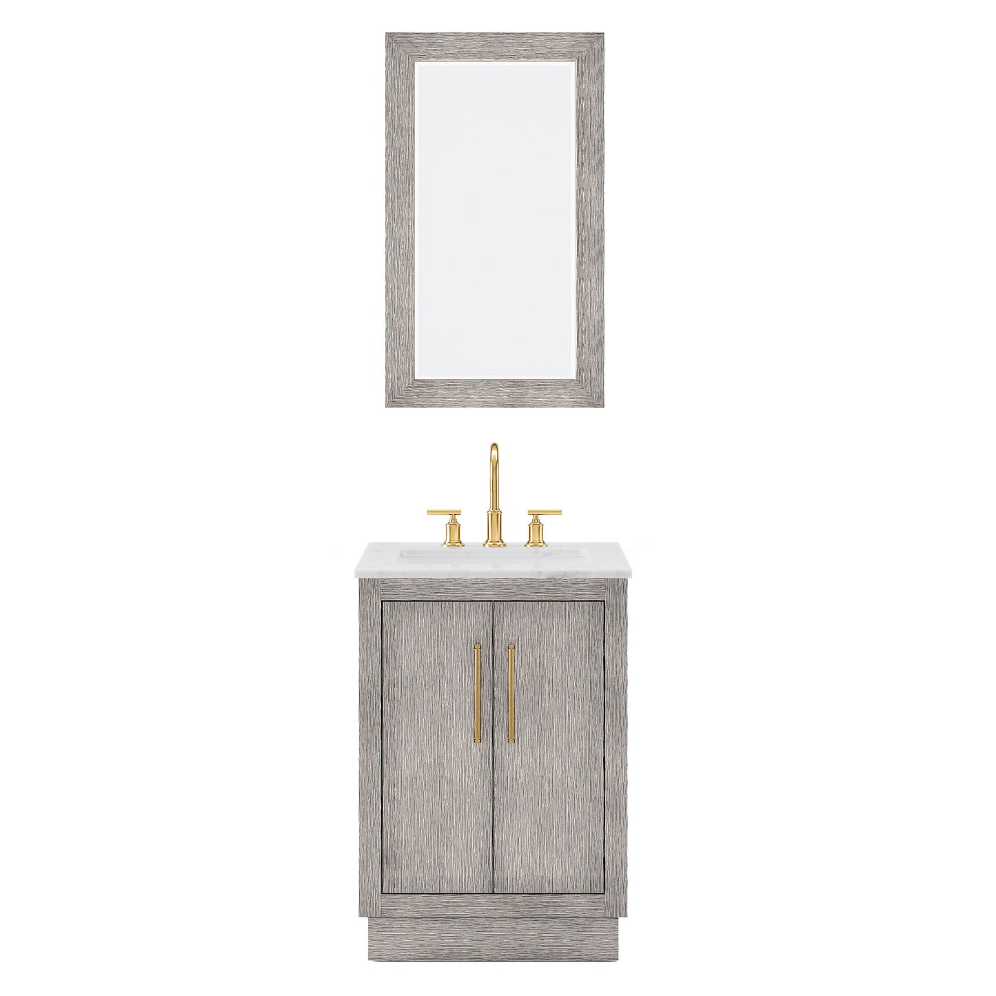 HUGO 24"W x 34.3"H Gray Oak Single-Sink Vanity with Carrara White Marble Countertop + Gooseneck Faucet and Mirror