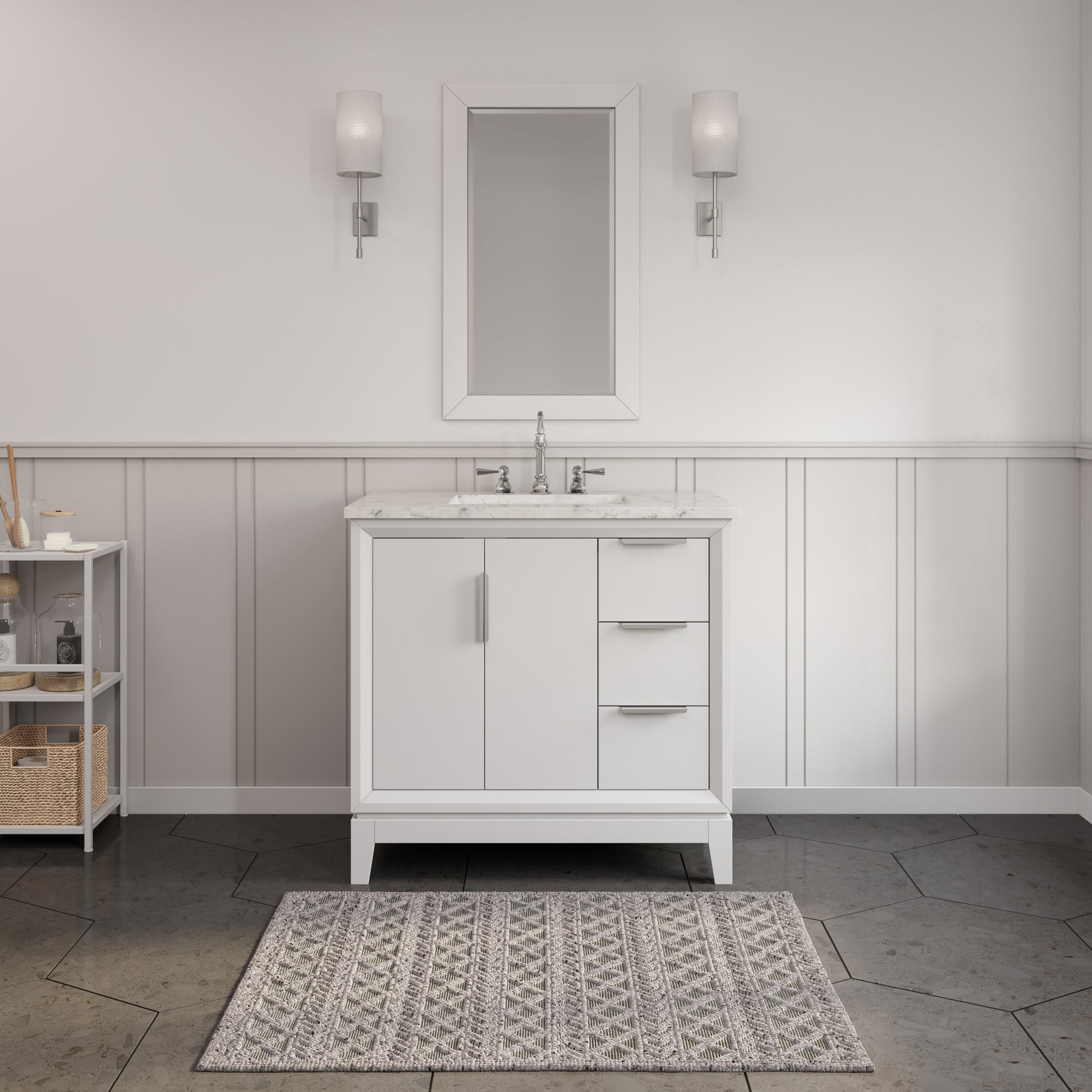 ELIZABETH 36"W x 34.25"H Pure White Single-Sink Vanity with Carrara White Marble Countertop + Faucets (F2-0012-01-TL)