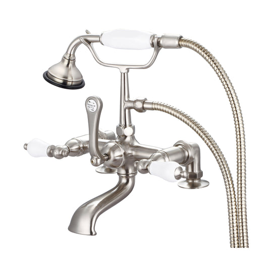 Vintage Classic 7" Spread Deck Mount Tub Faucet With 2" Risers & Handheld Shower in Brushed Nickel Finish, With Porcelain Lever Handles Without labels