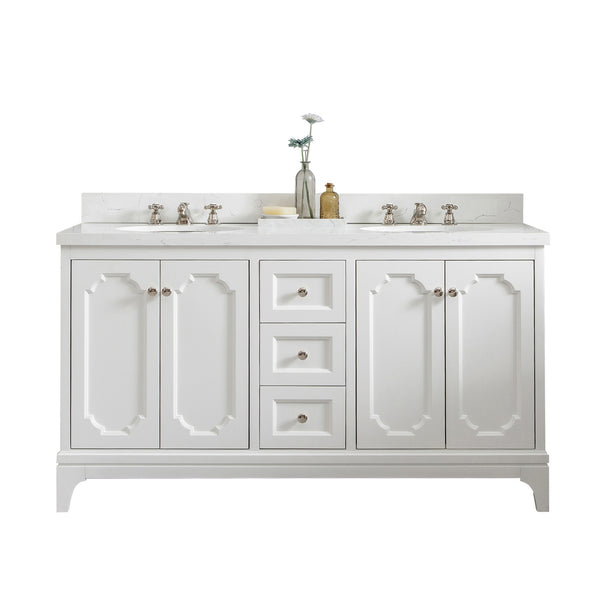 QUEEN 60W x 34H Pure White Double-Sink Vanity with Carrara Quartz Countertop + Faucets (F2-0009)