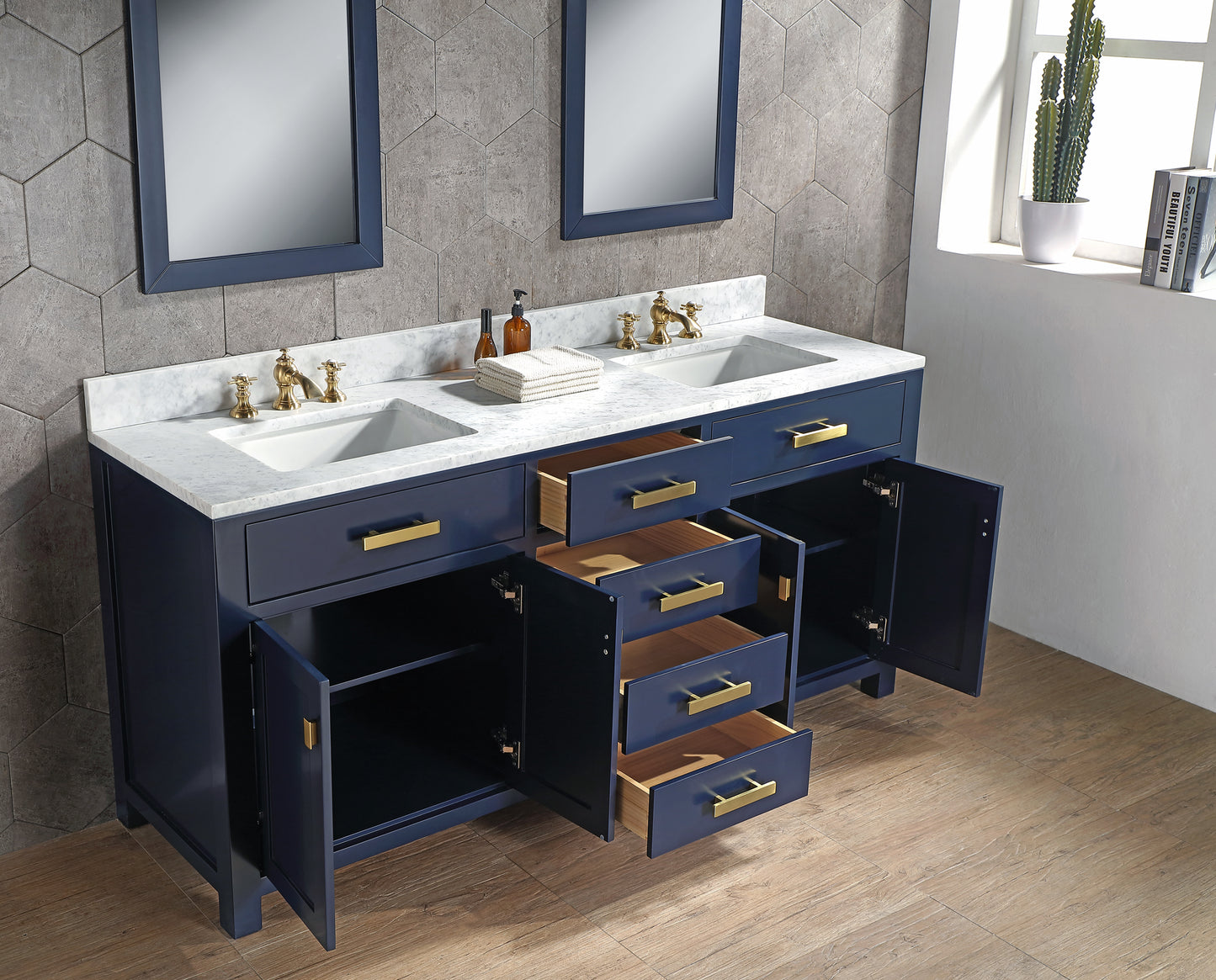 MADISON 72"W x 34"H Monarch Blue Double-Sink Vanity with Carrara White Marble Countertop + Mirror