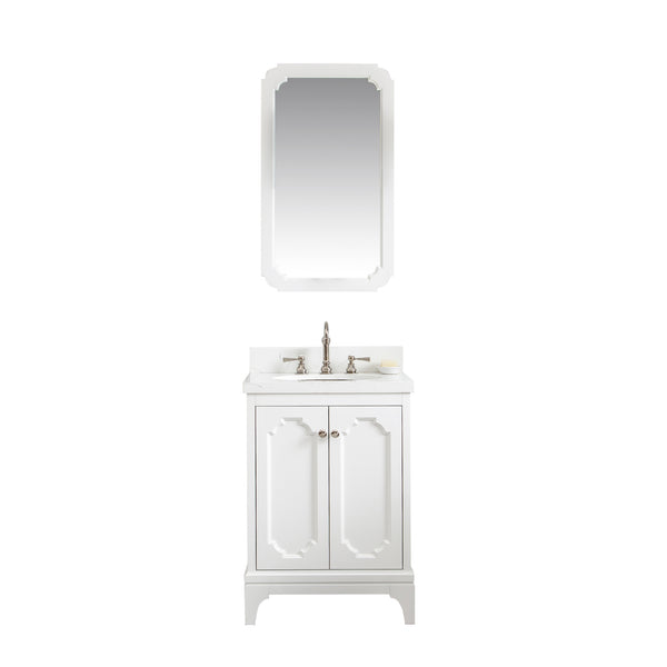 QUEEN 24W x 34H Pure White Single-Sink Vanity with Carrara Quartz Countertop + Faucets & Mirror (F2-0012)