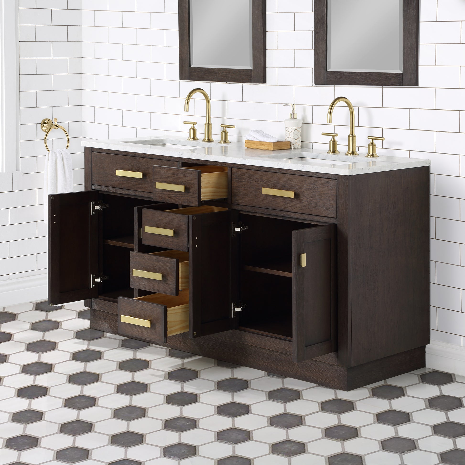 CHESTNUT 60"W x 34.2"H Brown Oak Double-Sink Vanity with Carrara White Marble Countertop + Faucets & Mirrors